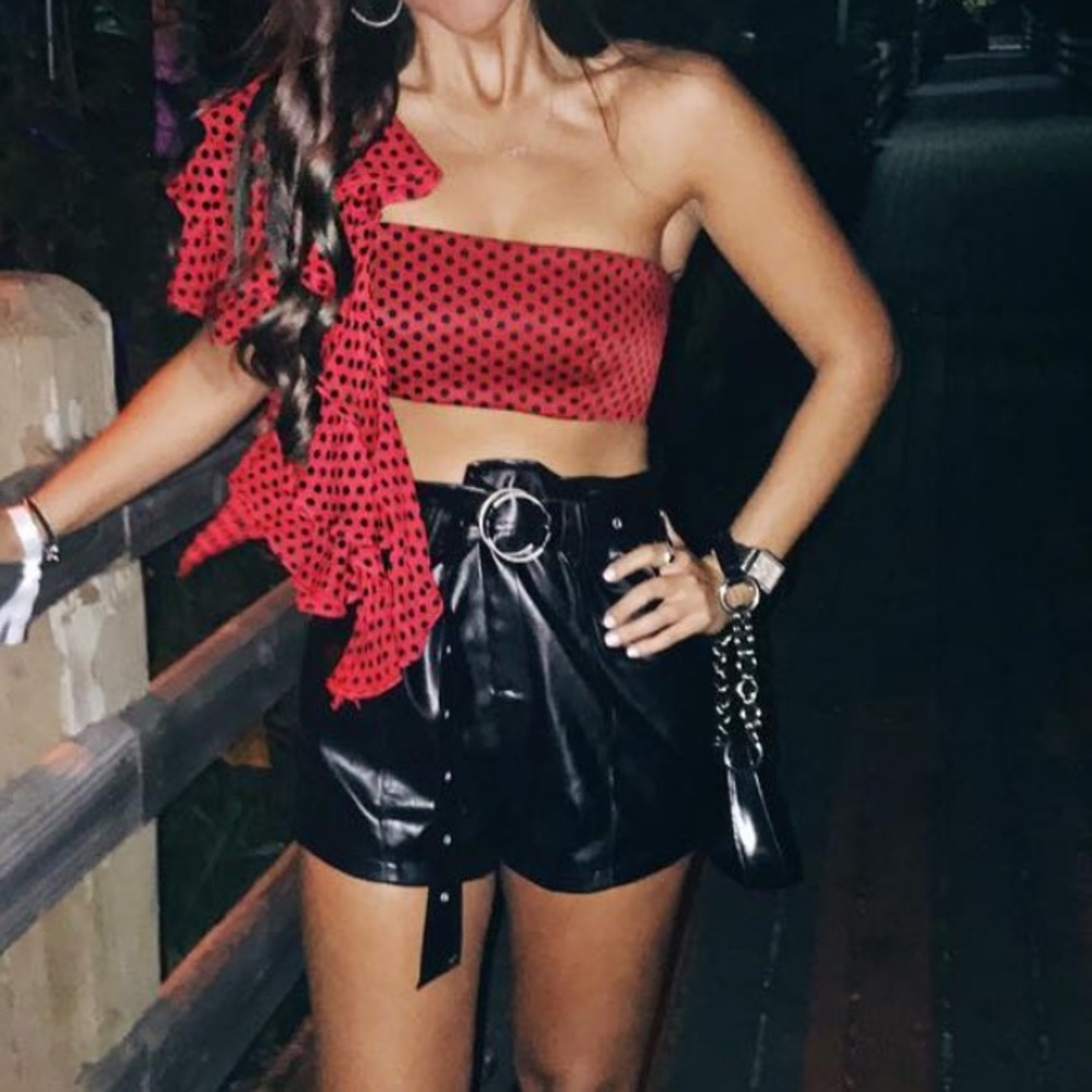 MILLY black polka dot red crop top blouse
